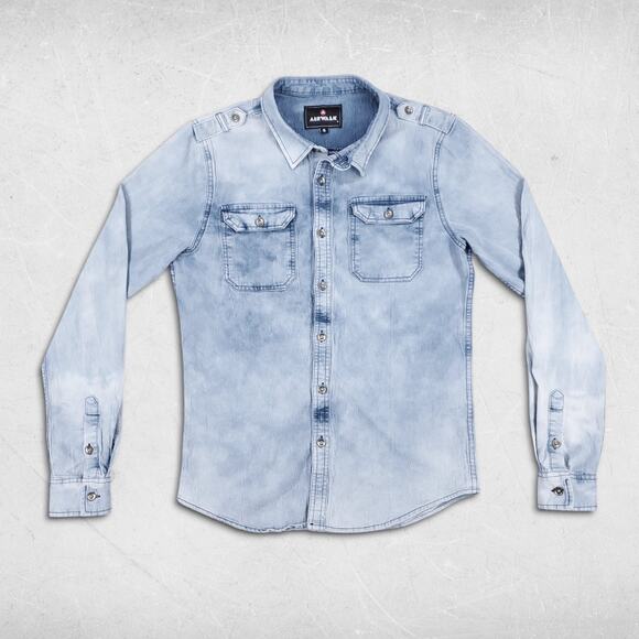 Airwalk Other - Chambray Shirt Mns S Blue Light Acid Wash Long Sleeve Button Up Slim Skater 90s